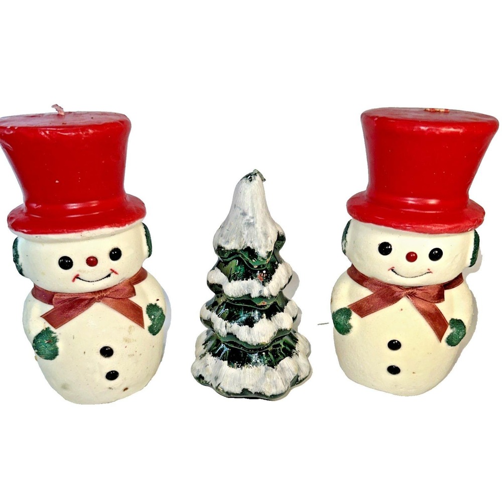 Vintage Set Of Gurley Snowman and Pine Tree Candles